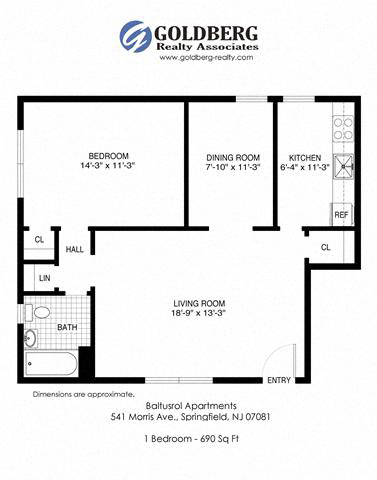 Floor plan for 1 bed, 1 bath, 690 sqft